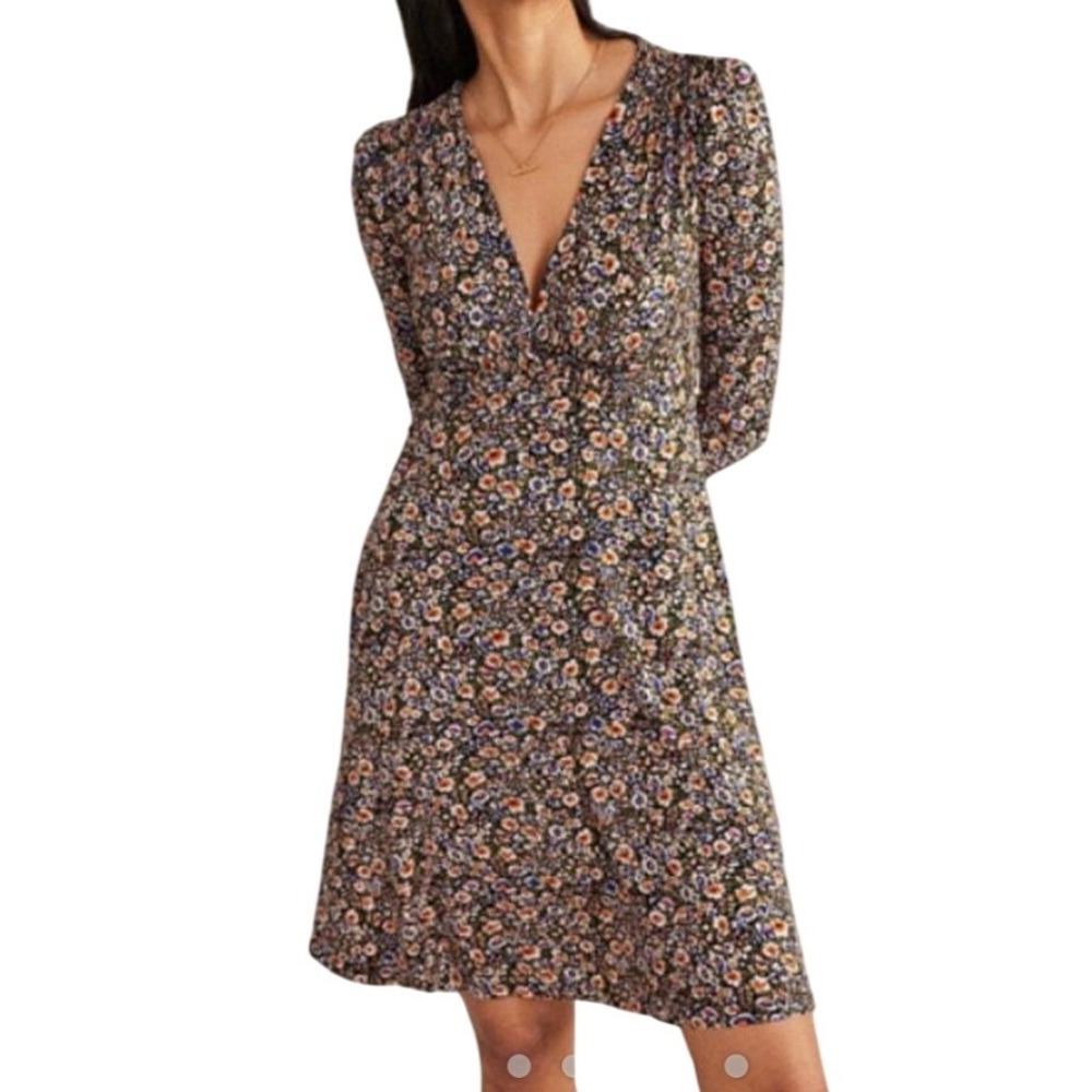 Boden Floral V-Neck Empire Waist Jersey Dress Womens 10L Long Sleeve Black Multi